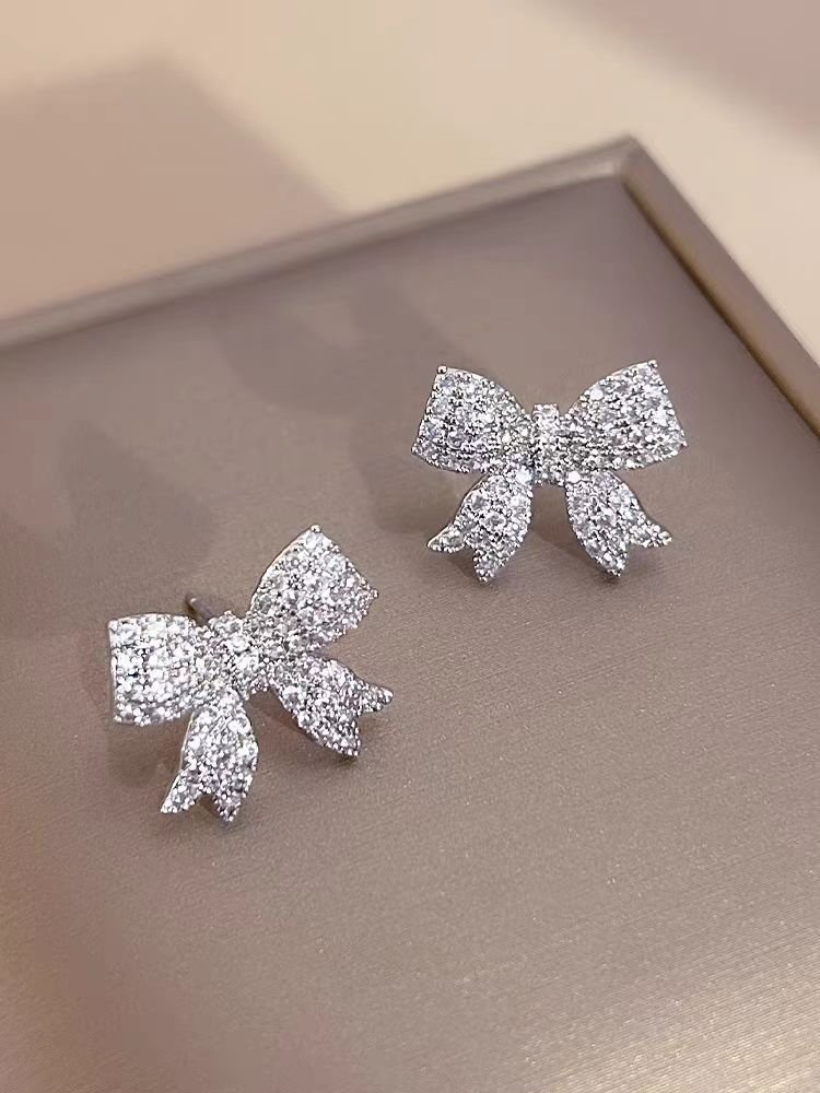 2024 Fashion Jewelry Korean rhinestone bow earrings women silver plated zirconia women small cute zircon bow tie stud earrings