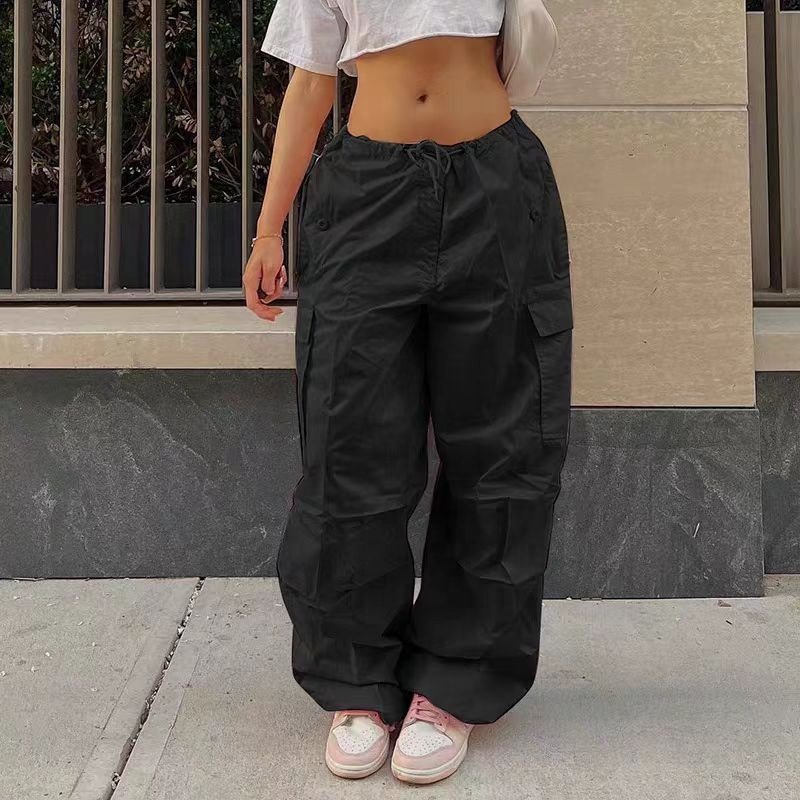 2024 Fashionable Solid Color Loose Women Cargo Pants Straight High Waist with Pocket Causal Cargo Pants Women