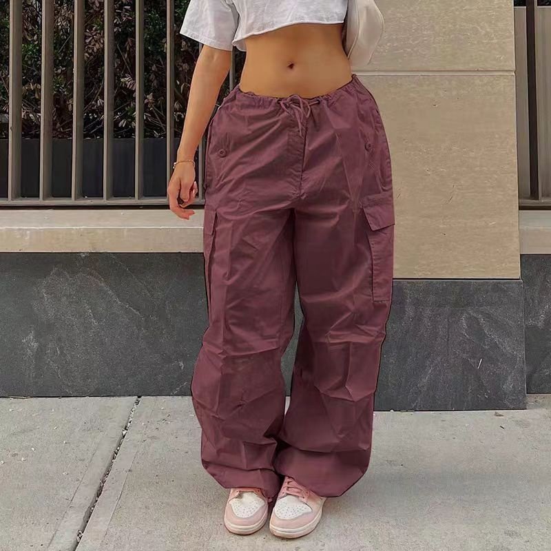 2024 Fashionable Solid Color Loose Women Cargo Pants Straight High Waist with Pocket Causal Cargo Pants Women