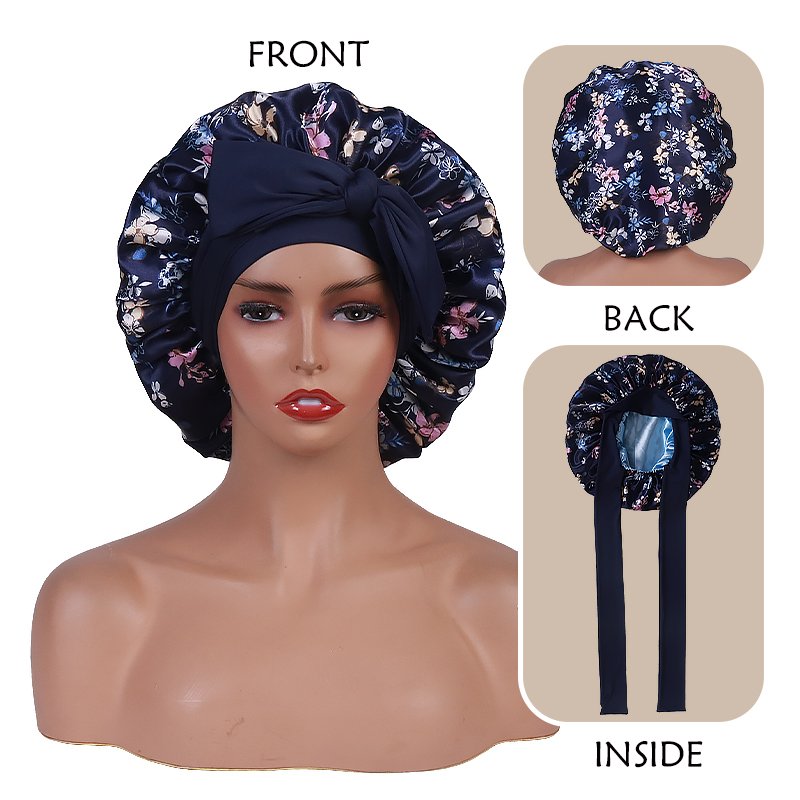 Floral Long Satin Bonnet for Sleeping - Double Layer Reversible Silk Bonnet for Long Hair Women Sleeping Cap with Tie Band