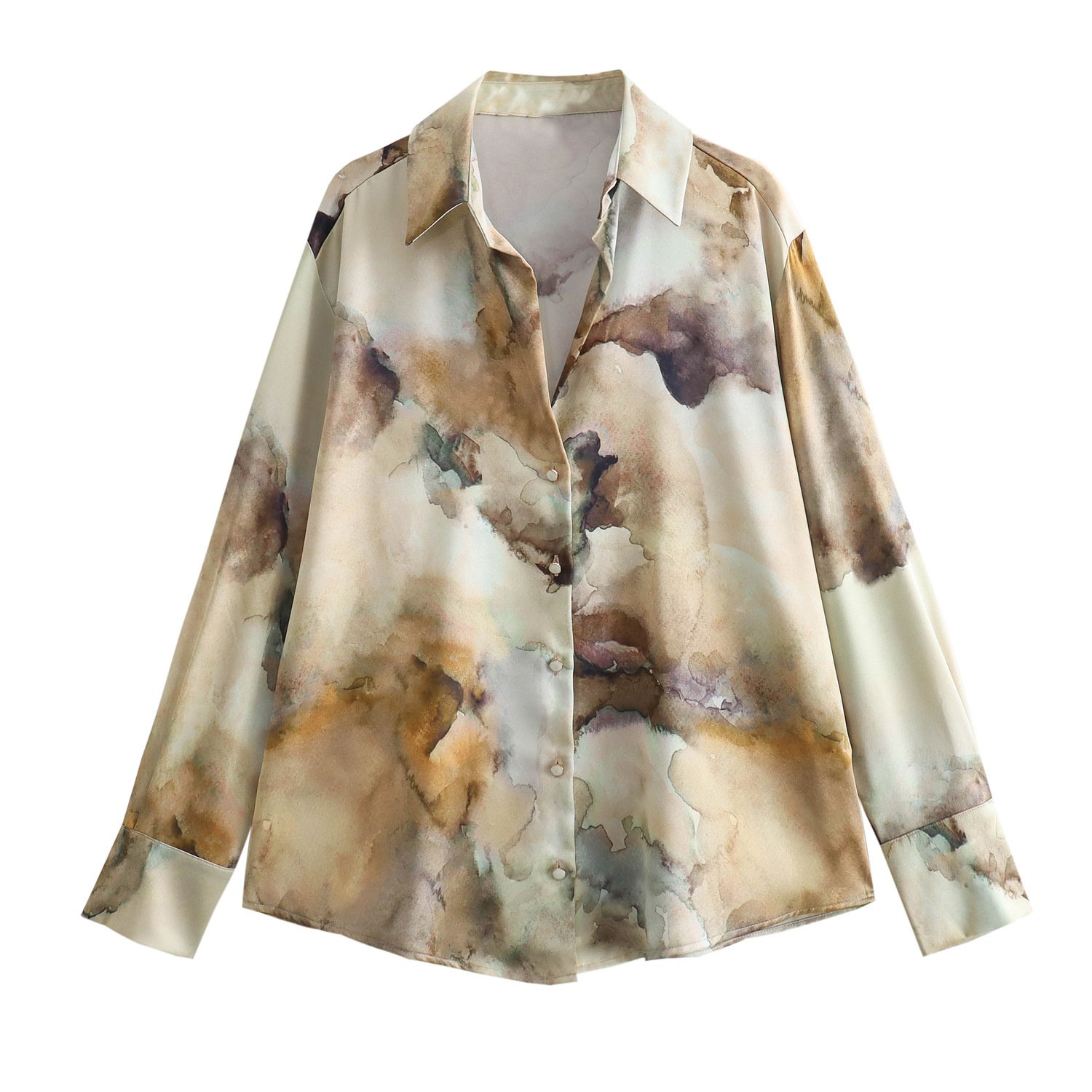 Long sleeve European Style Tie-dye Silk Satin Texture Printed shirt high waist skirt 2 pieces set for women
