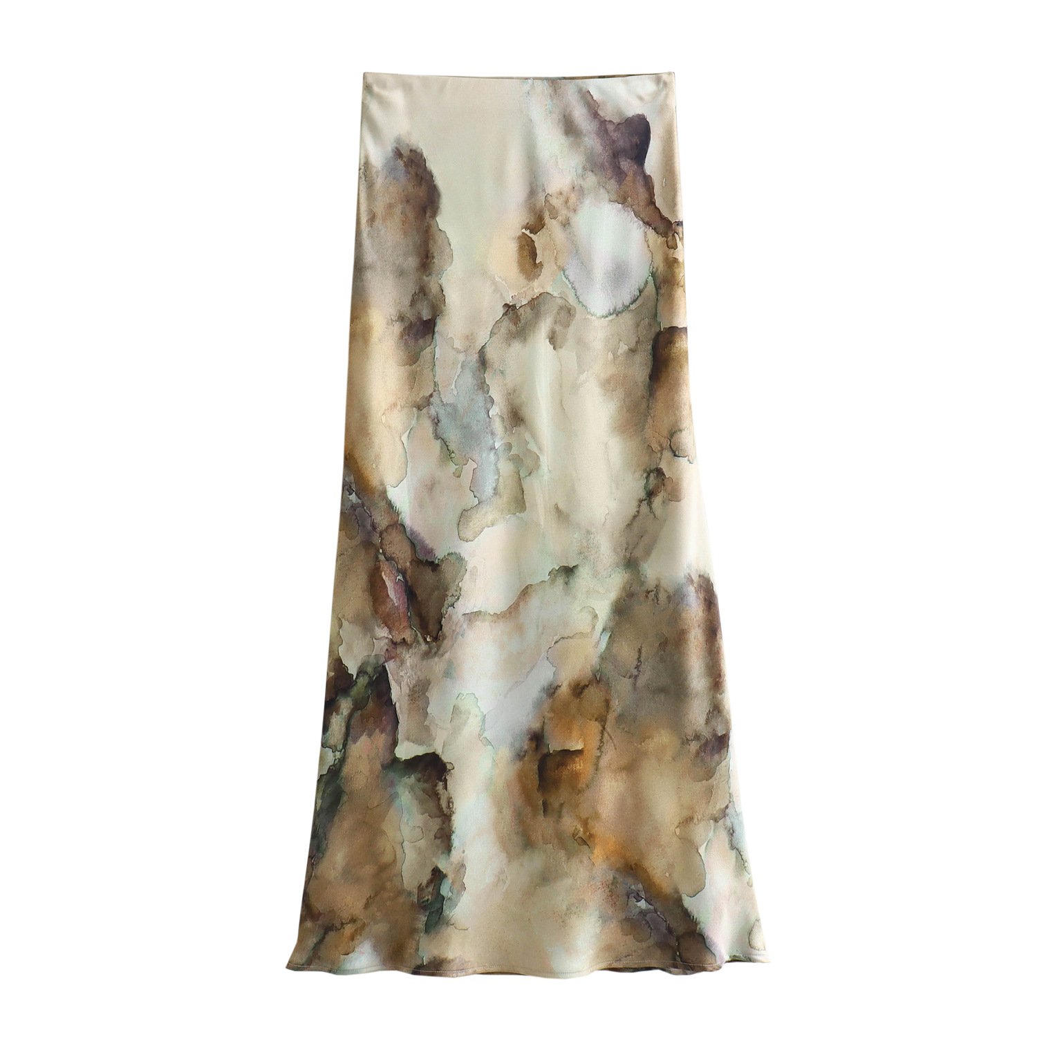 Long sleeve European Style Tie-dye Silk Satin Texture Printed shirt high waist skirt 2 pieces set for women