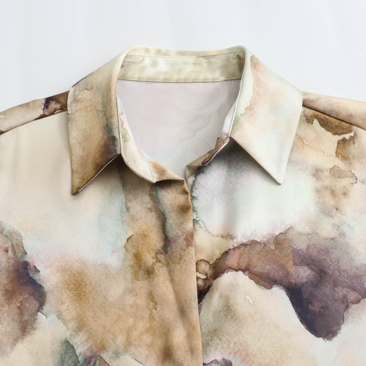 Long sleeve European Style Tie-dye Silk Satin Texture Printed shirt high waist skirt 2 pieces set for women