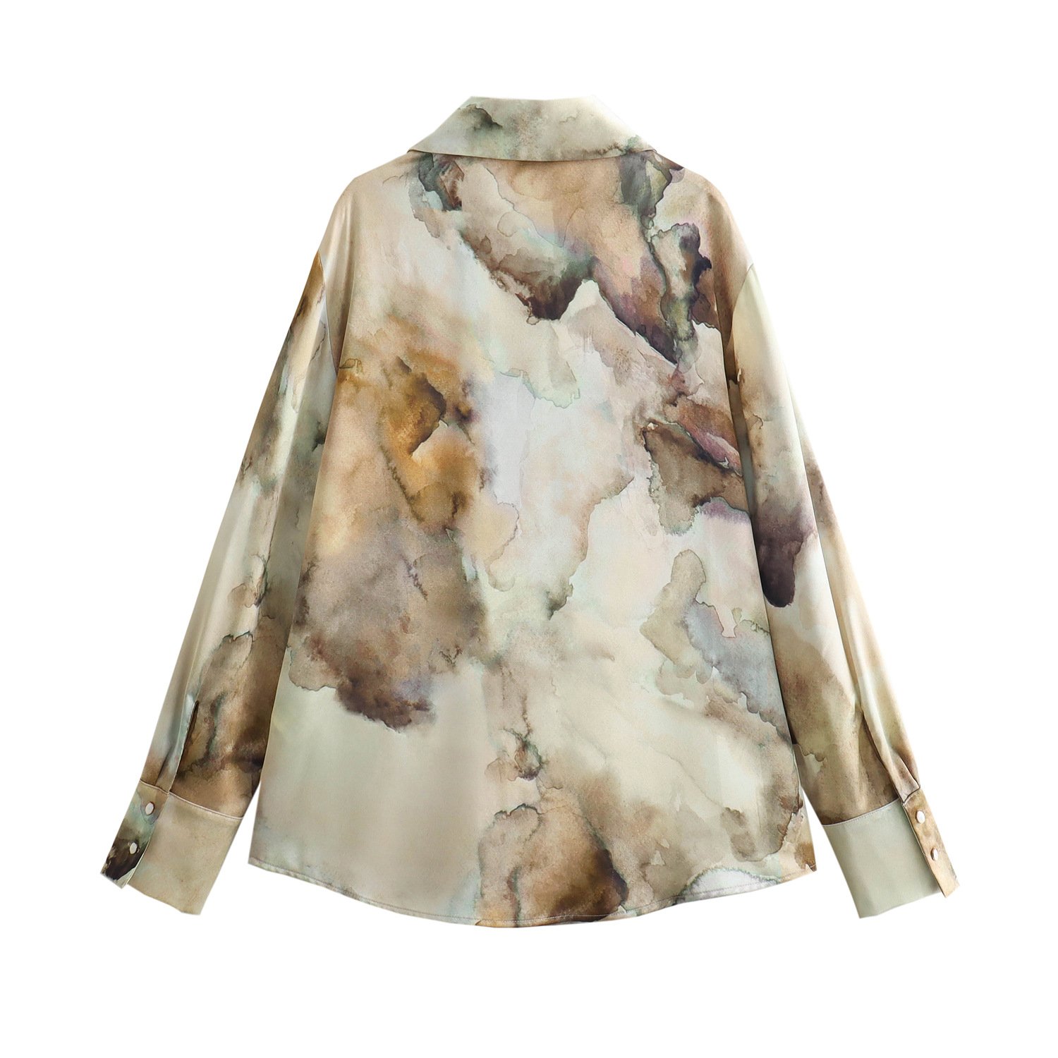 Long sleeve European Style Tie-dye Silk Satin Texture Printed shirt high waist skirt 2 pieces set for women
