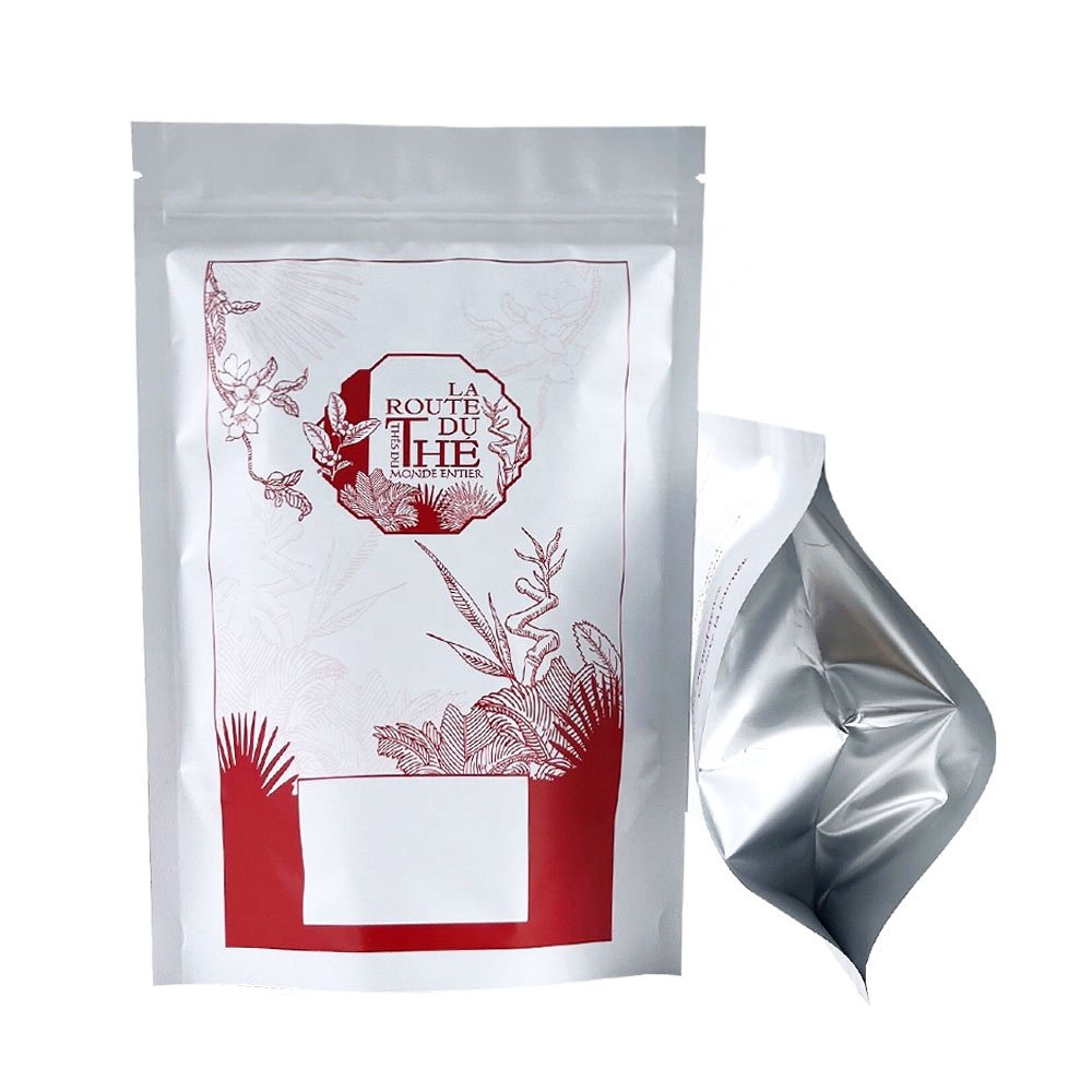 Aluminum foil ziplock matte white tea pouch design tea packaging bag custom printed