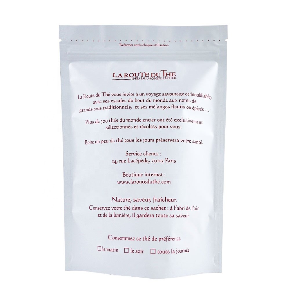 Aluminum foil ziplock matte white tea pouch design tea packaging bag custom printed