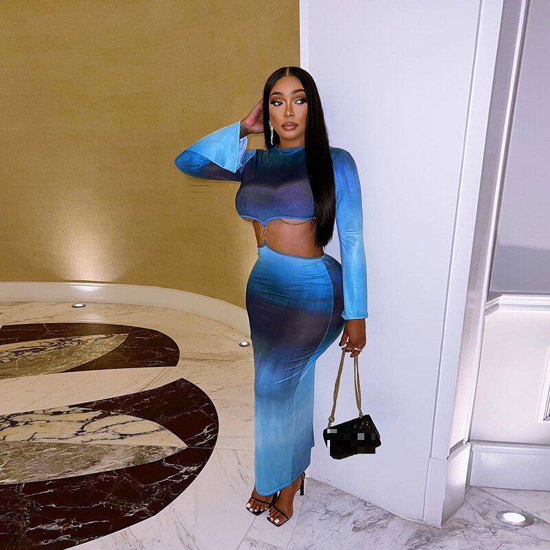 Sharee Hot Selling Fall Fashion Gradient Contrast Color Long Sleeve Maxi Dresses High Quality Hollow Dresses Women