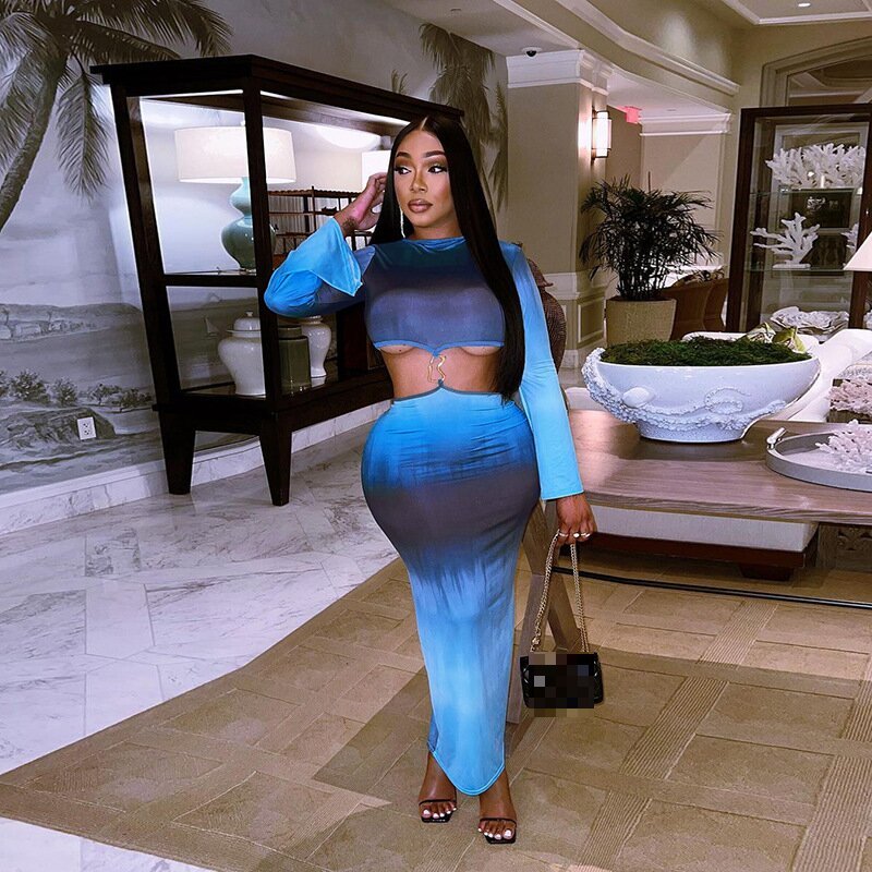 Sharee Hot Selling Fall Fashion Gradient Contrast Color Long Sleeve Maxi Dresses High Quality Hollow Dresses Women