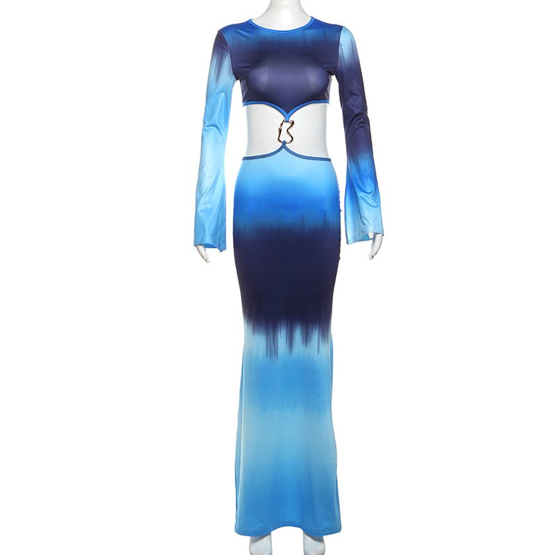 Sharee Hot Selling Fall Fashion Gradient Contrast Color Long Sleeve Maxi Dresses High Quality Hollow Dresses Women