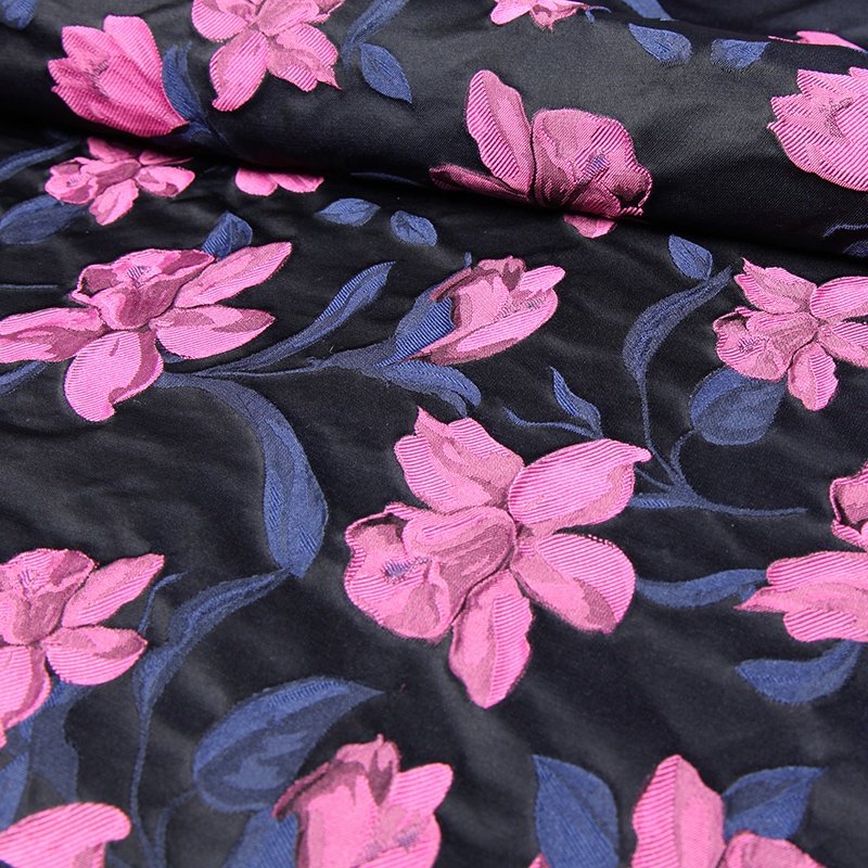 Top quality recycled polyester yarn dyed crepe jacquard floral fabric flower roes red brocade eco fabric for women clothing