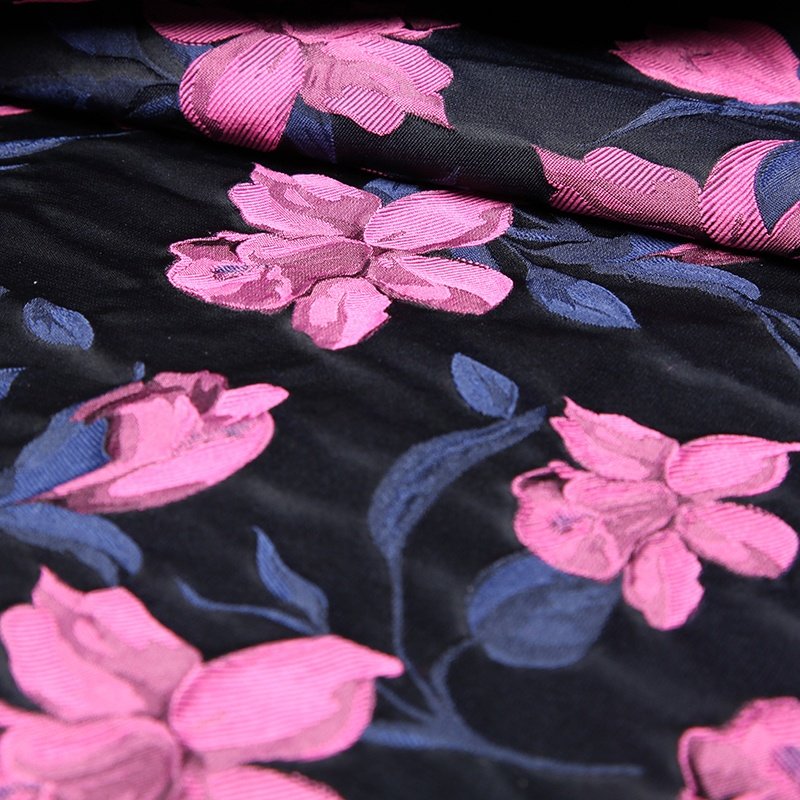 Top quality recycled polyester yarn dyed crepe jacquard floral fabric flower roes red brocade eco fabric for women clothing
