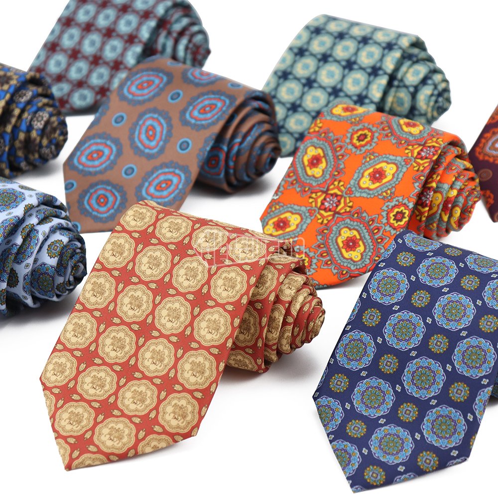Orange Blue Silk Necktie Luxury Medallion Custom Print Tie Manufacturer Business Neckties For Men
