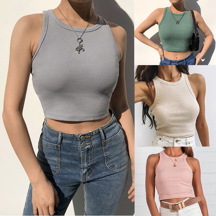 Custom Logo Vest Summer Ladies White Cotton Ribbed Women Crop Tank Top