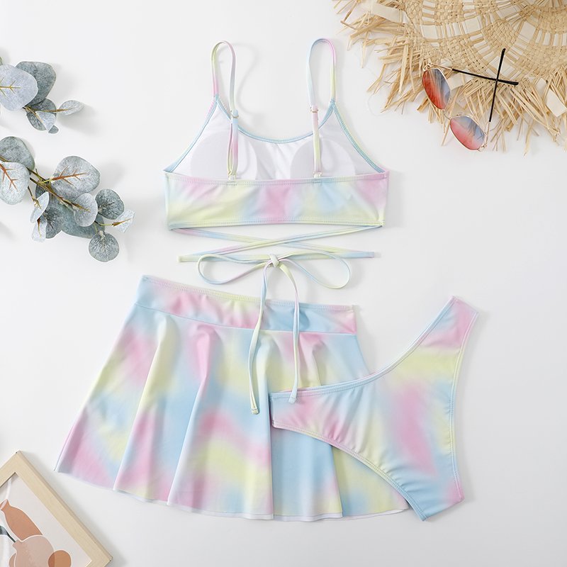 OEM custom printed beach dress 3 piece bikini set sexy bathing suit tie dye swimwear beachwear cover up