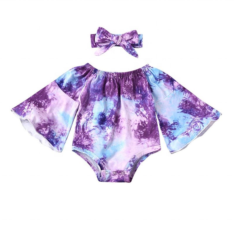 Boutique Baby Rompers Flare Sleeve Tie-dyed Spring Newborn Rompers Baby With Headband Newborn Baby Fall Rompers Jumpsuit