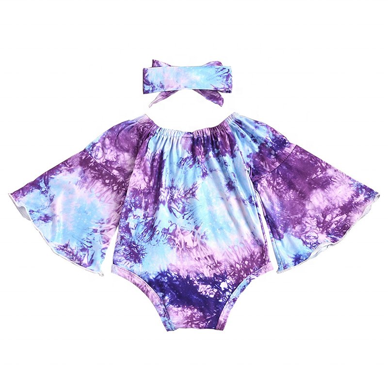 Boutique Baby Rompers Flare Sleeve Tie-dyed Spring Newborn Rompers Baby With Headband Newborn Baby Fall Rompers Jumpsuit