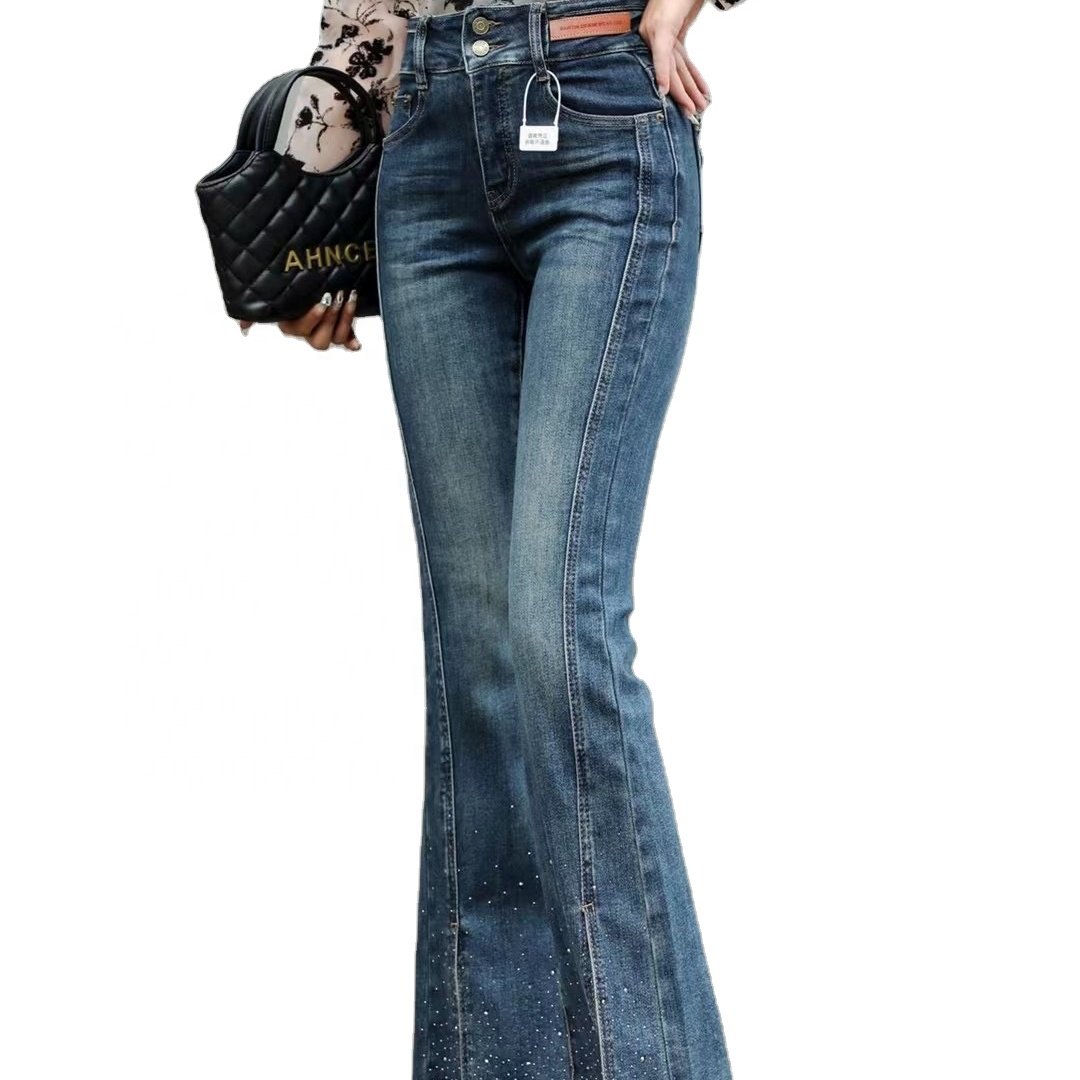 Custom denim Ironed drill button leather denim Women's casual pants Denim Jeans OEM Spandex Craft style Fly fabric zipper waist