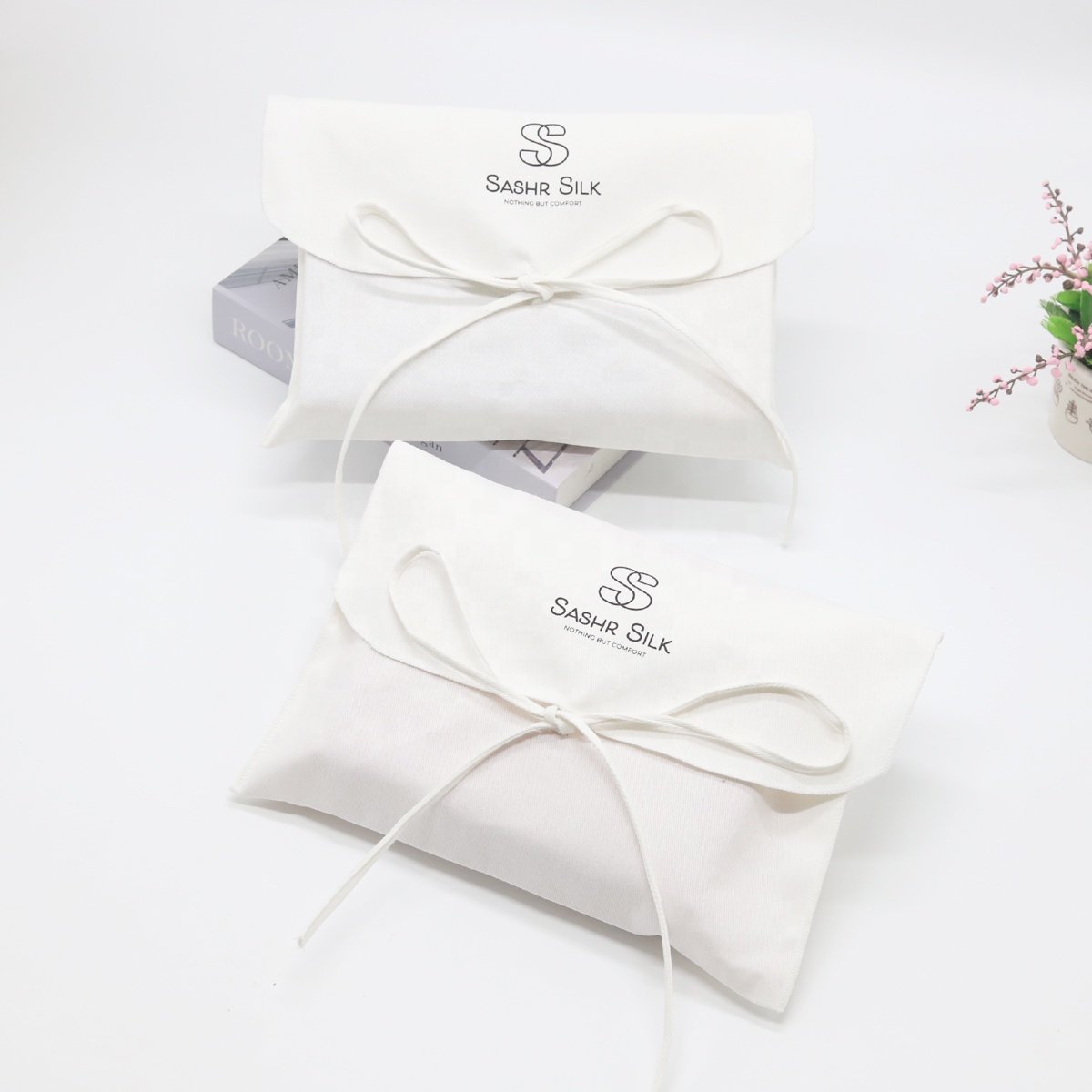 Wholesale Cotton Twill Makeup Envelope Gift Bag With Tie White Custom Cotton Cosmetic Packaging Envelope Pouch