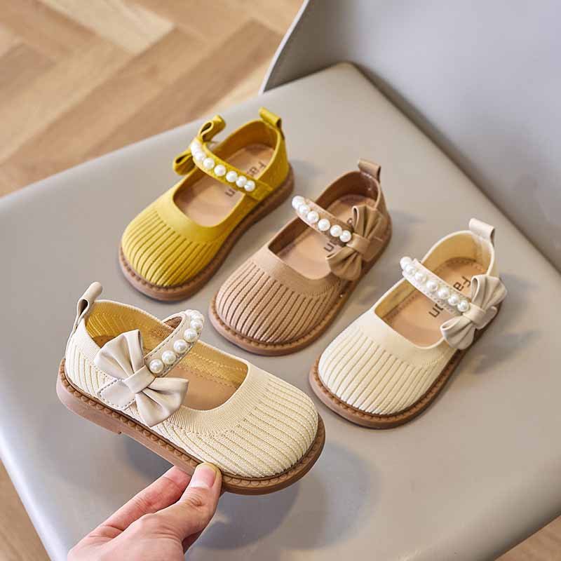 New Soft Sole Shoes Breathable Hook and Loop Casual Slip on Flat Bottom New Sock Shoes Girls Kids Princess Shoes Bow Tie Pearl