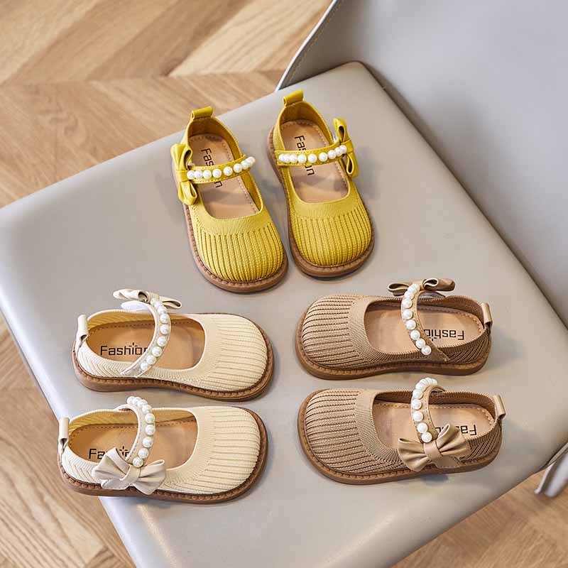 New Soft Sole Shoes Breathable Hook and Loop Casual Slip on Flat Bottom New Sock Shoes Girls Kids Princess Shoes Bow Tie Pearl