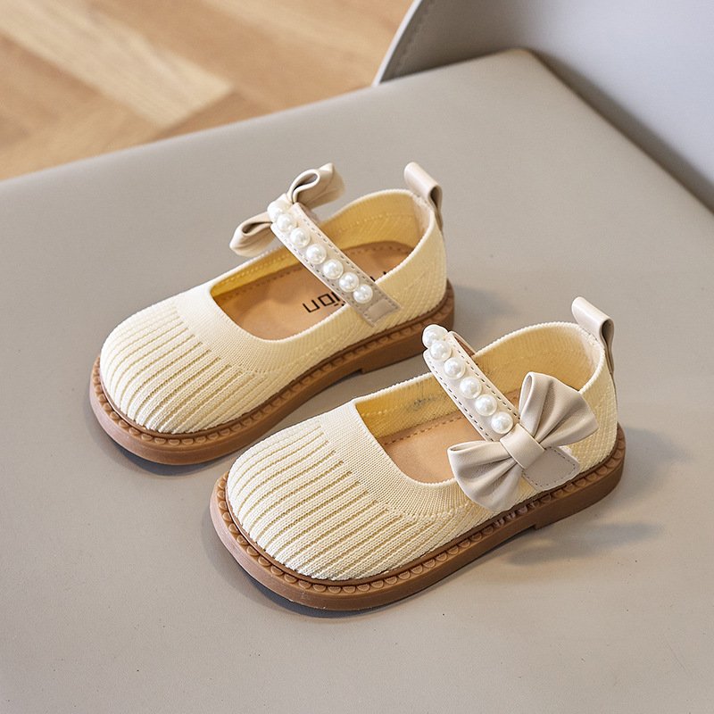 New Soft Sole Shoes Breathable Hook and Loop Casual Slip on Flat Bottom New Sock Shoes Girls Kids Princess Shoes Bow Tie Pearl