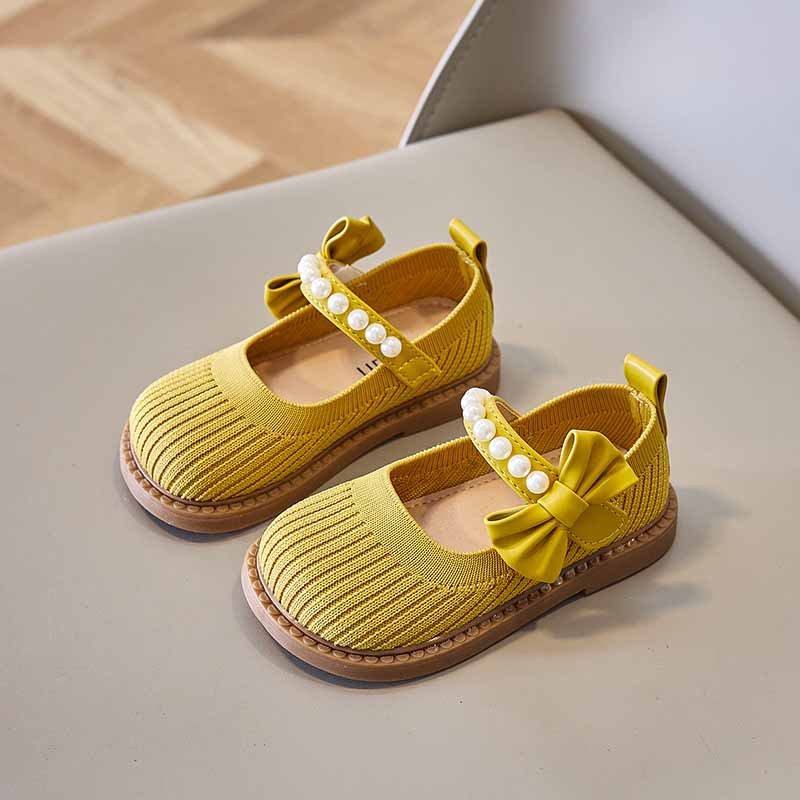 New Soft Sole Shoes Breathable Hook and Loop Casual Slip on Flat Bottom New Sock Shoes Girls Kids Princess Shoes Bow Tie Pearl