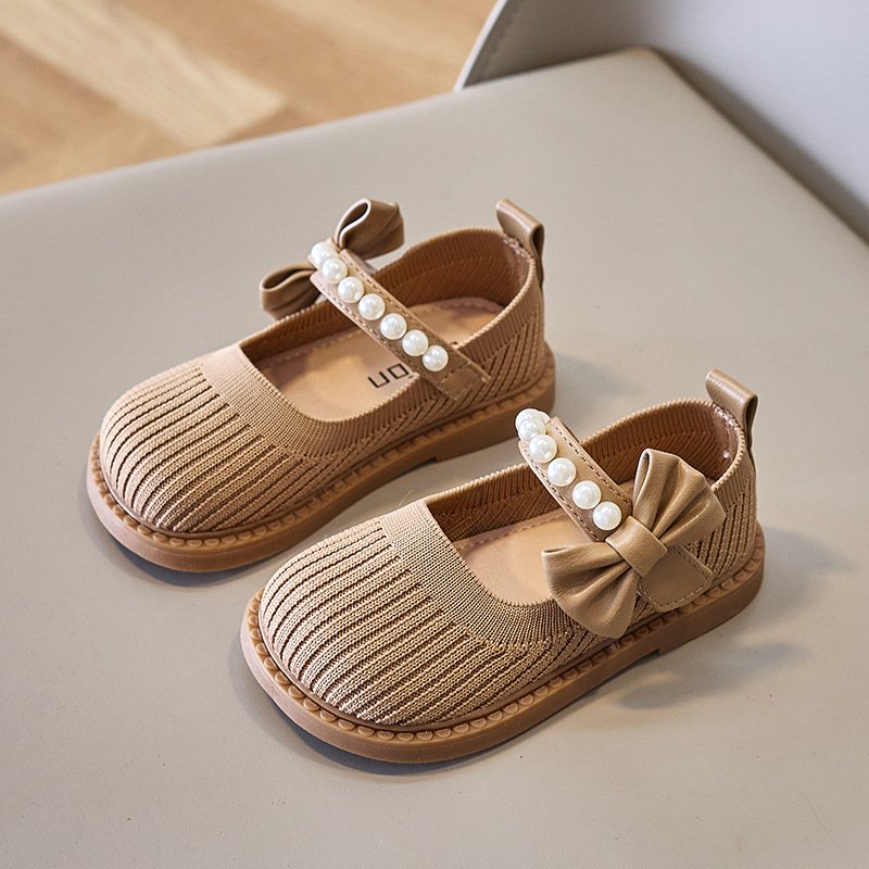 New Soft Sole Shoes Breathable Hook and Loop Casual Slip on Flat Bottom New Sock Shoes Girls Kids Princess Shoes Bow Tie Pearl