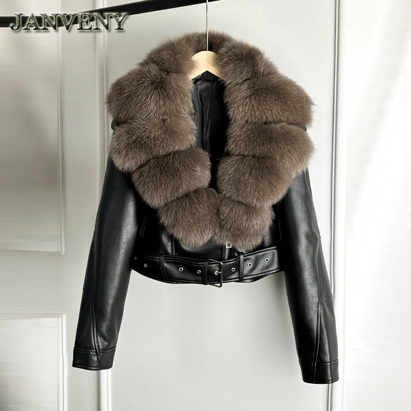 JANVENY 2024 Autumn Winter Natural Real Fox Fur Collar Faux Leather Short Coat Women Zipper Sashes Of Tie Up Pu Leather Jacket