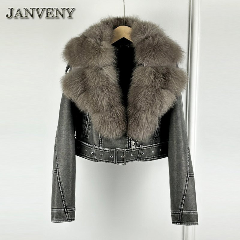 JANVENY 2024 Autumn Winter Natural Real Fox Fur Collar Faux Leather Short Coat Women Zipper Sashes Of Tie Up Pu Leather Jacket