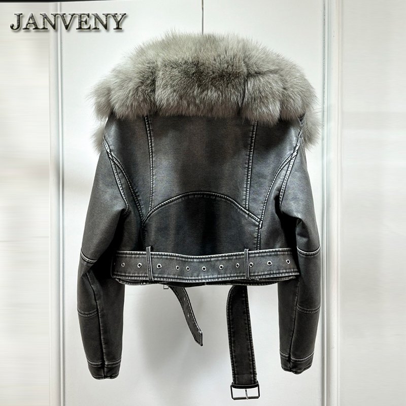 JANVENY 2024 Autumn Winter Natural Real Fox Fur Collar Faux Leather Short Coat Women Zipper Sashes Of Tie Up Pu Leather Jacket