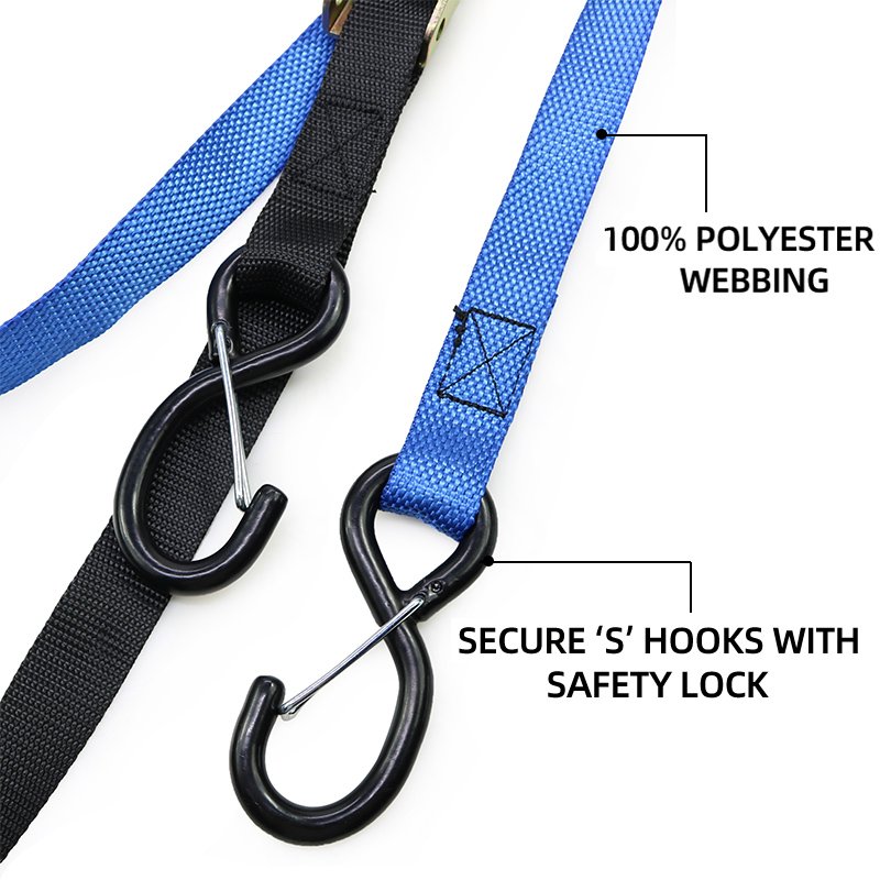 Custom 2 Pack 1 Inch 500Kg Break Strength Motorcycle Cam Buckle Tie Down Strap with Double S-Hook