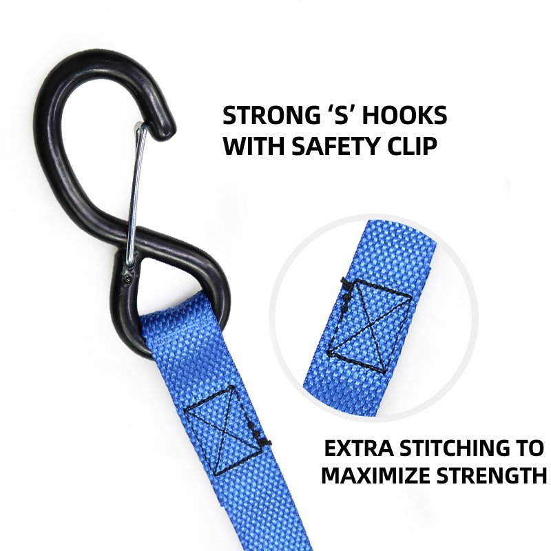Custom 2 Pack 1 Inch 500Kg Break Strength Motorcycle Cam Buckle Tie Down Strap with Double S-Hook