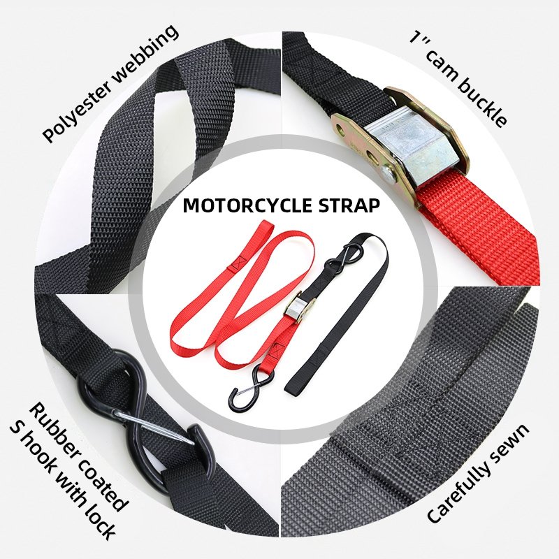 Custom 2 Pack 1 Inch 500Kg Break Strength Motorcycle Cam Buckle Tie Down Strap with Double S-Hook