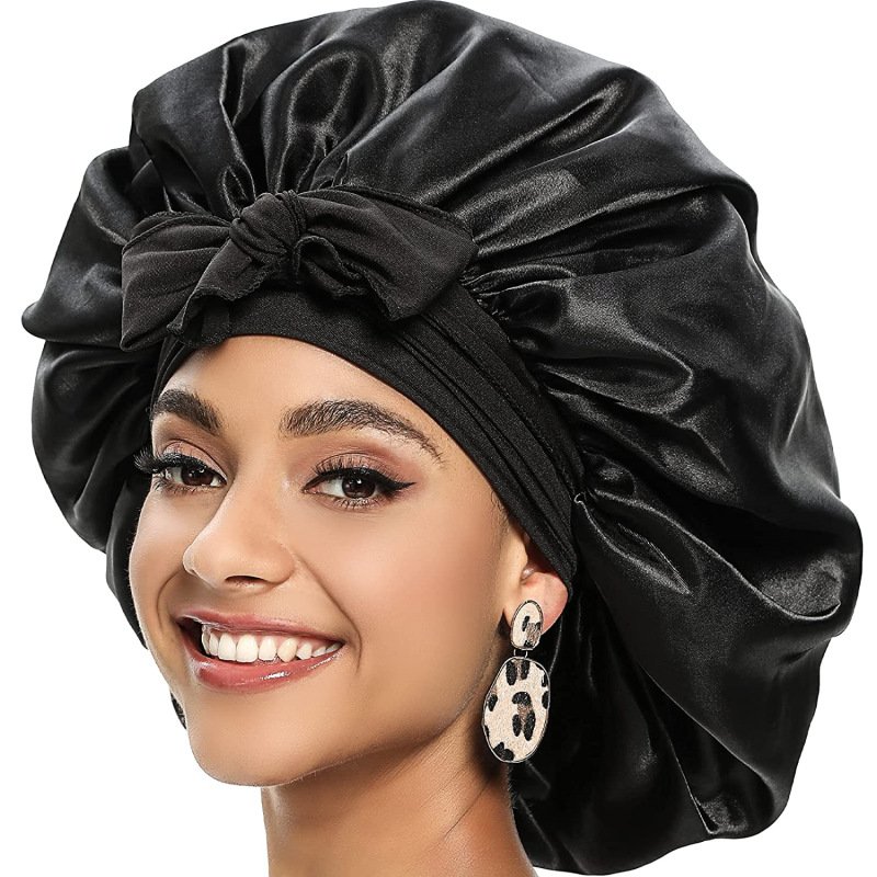 High Quality Custom Logo Large Sleeping Cap Women Hair Cover Silk Satin Bonnets With Elastic Tie Band