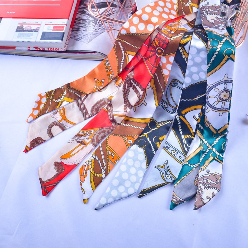 Fashion Long Angled Chain Printed Silky Scarf Ribbon Belt Versatile Tied Bag Handles Small Silk Scarf