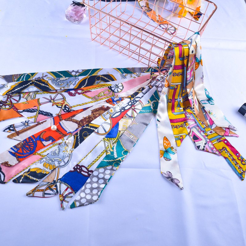 Fashion Long Angled Chain Printed Silky Scarf Ribbon Belt Versatile Tied Bag Handles Small Silk Scarf