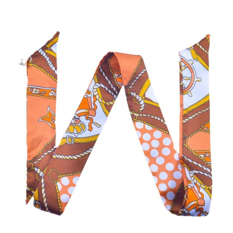 Fashion Long Angled Chain Printed Silky Scarf Ribbon Belt Versatile Tied Bag Handles Small Silk Scarf
