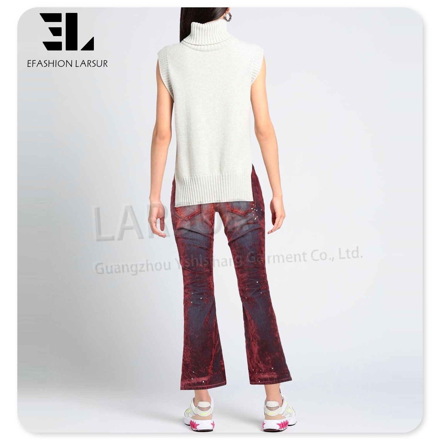 LARSUR custom factory womens distressed dye faded wash elastane velvet denim pants casual bootcut flocking suede jeans ladies