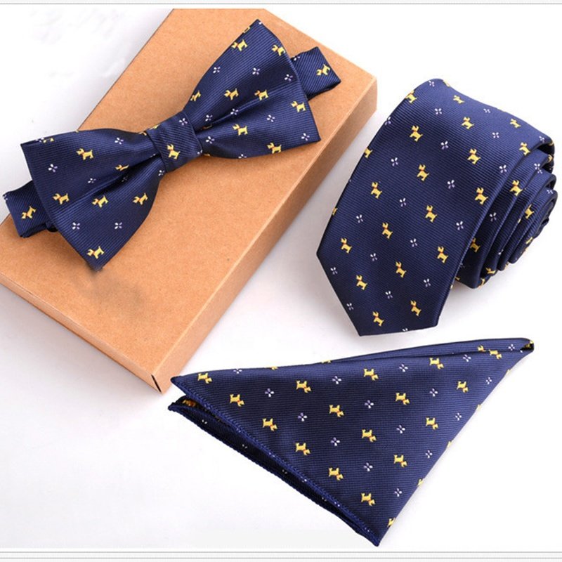 2020 High quality bow tie set necktie gift for men Polyester tie and handkerchief Jacquard woven mens neck ties