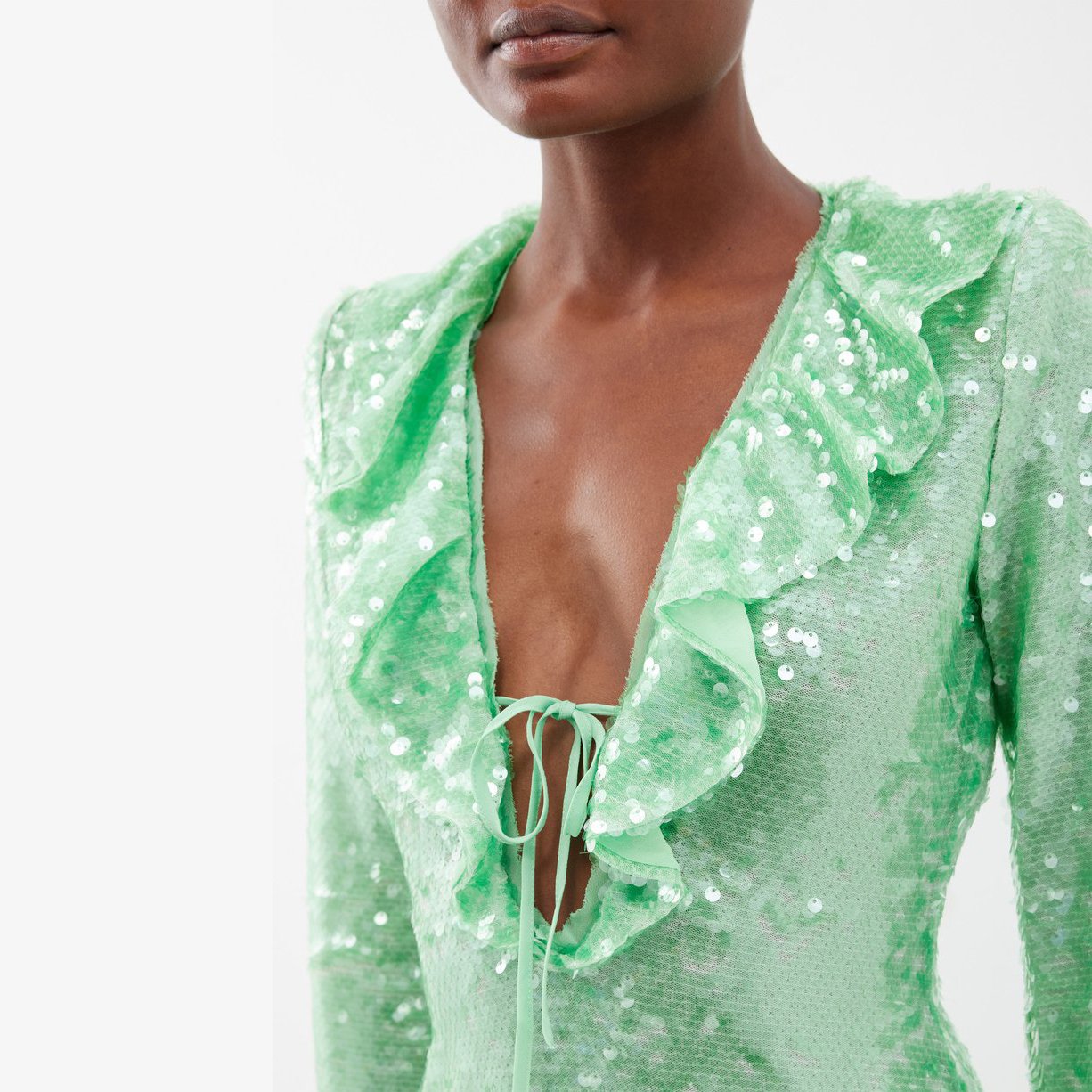 Elegant Neck Ties Green Tulle Long Trumpet Sleeves Sultry Dresses Prom Ruffle-trim Sequin Midi Dress