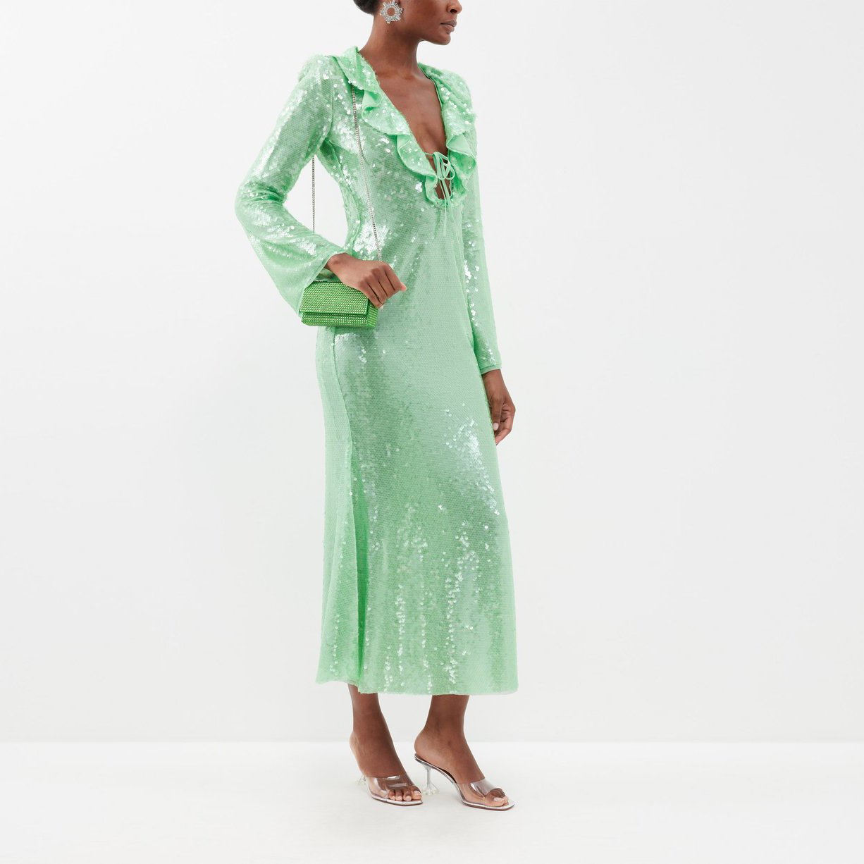 Elegant Neck Ties Green Tulle Long Trumpet Sleeves Sultry Dresses Prom Ruffle-trim Sequin Midi Dress