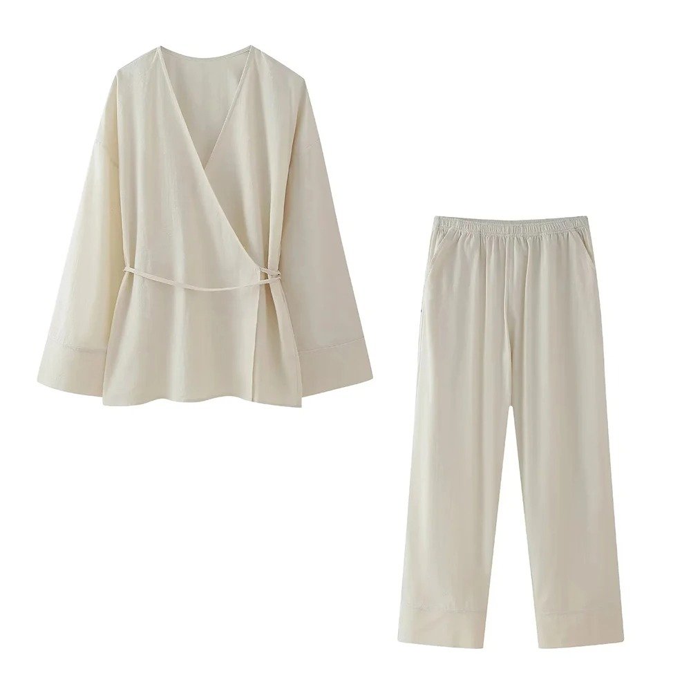 Women's Fashion Two-Piece Set Tied Textured Crossover Kimono Blouses Embroidered Solid Mid Elastic Waist Pants Pockets Female