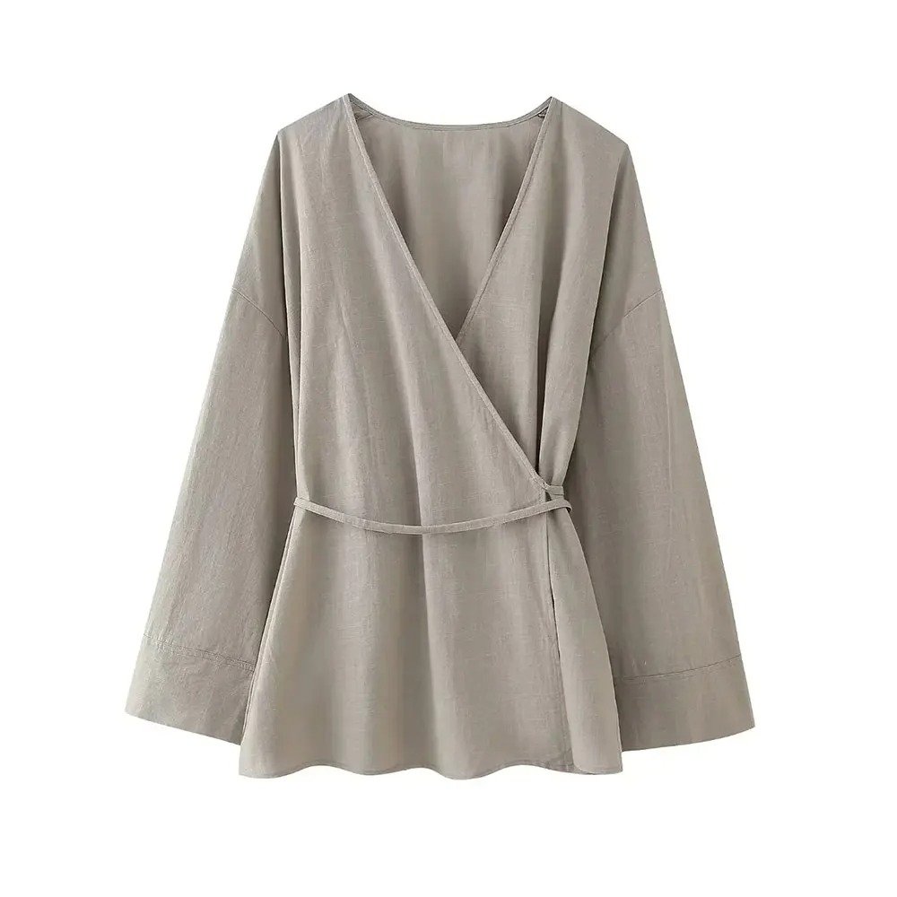 Women's Fashion Two-Piece Set Tied Textured Crossover Kimono Blouses Embroidered Solid Mid Elastic Waist Pants Pockets Female