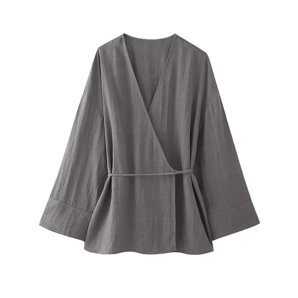 Women's Fashion Two-Piece Set Tied Textured Crossover Kimono Blouses Embroidered Solid Mid Elastic Waist Pants Pockets Female