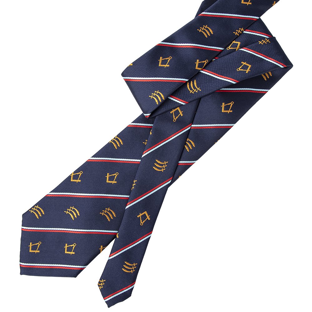 Navy Red & Blue Striped Tie Mens Polyester Necktie with Masonic Gold Square & Compass Design as Regalia Gift