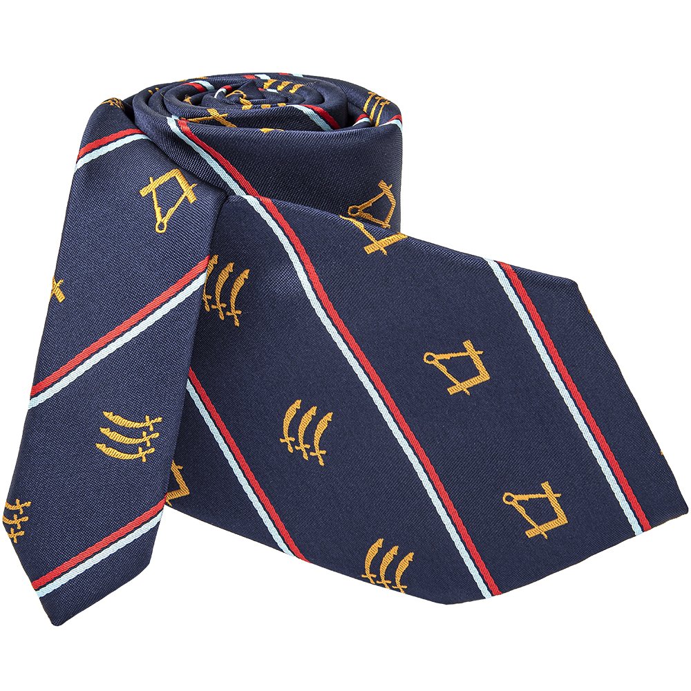 Navy Red & Blue Striped Tie Mens Polyester Necktie with Masonic Gold Square & Compass Design as Regalia Gift