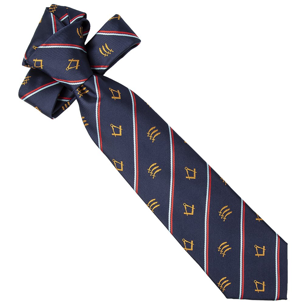 Navy Red & Blue Striped Tie Mens Polyester Necktie with Masonic Gold Square & Compass Design as Regalia Gift