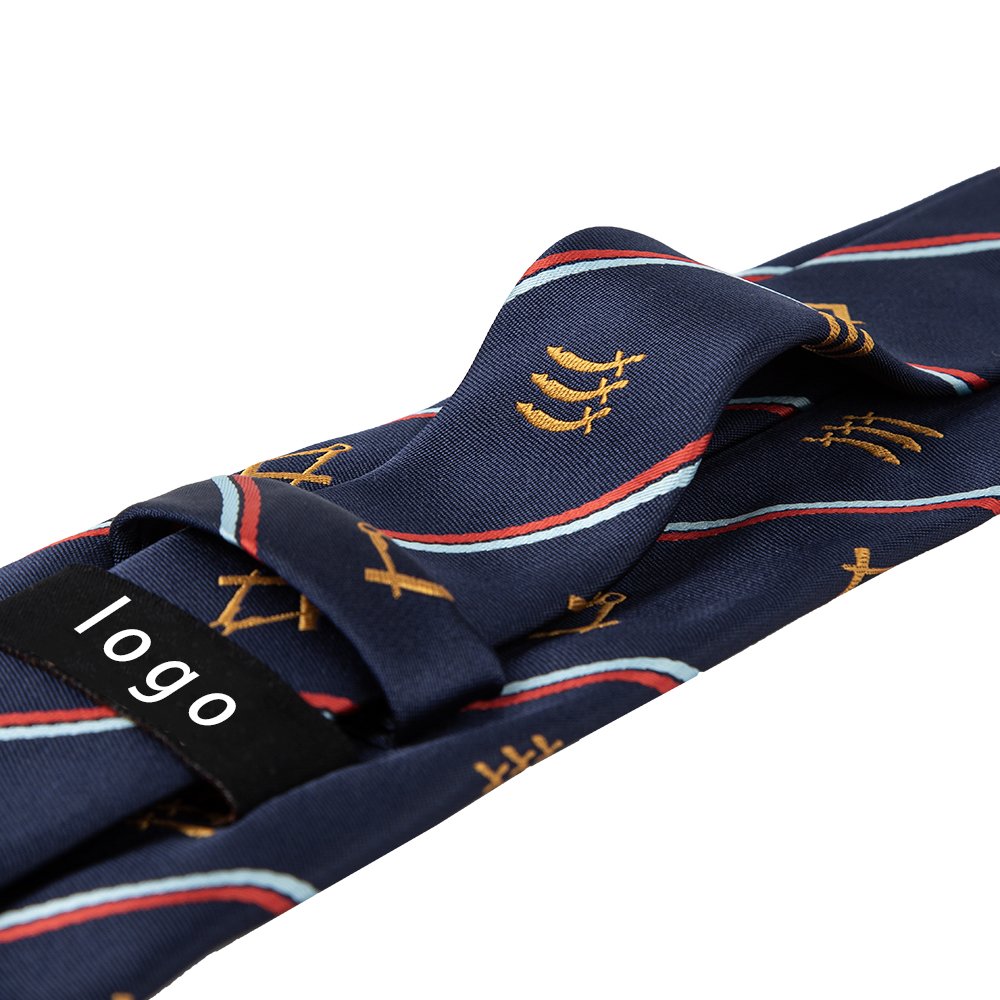 Navy Red & Blue Striped Tie Mens Polyester Necktie with Masonic Gold Square & Compass Design as Regalia Gift