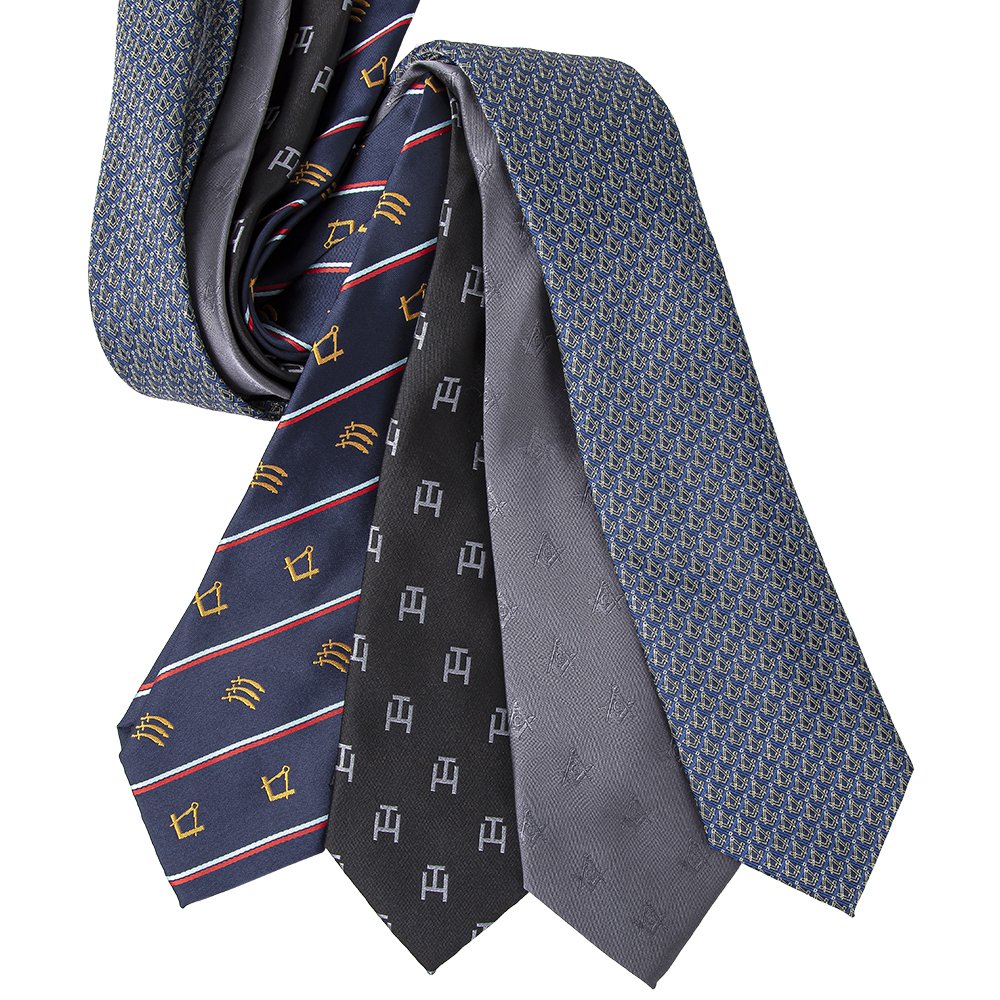 Navy Red & Blue Striped Tie Mens Polyester Necktie with Masonic Gold Square & Compass Design as Regalia Gift