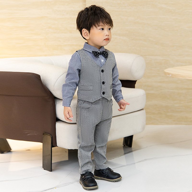 Spring Autumn Children's Formal Set Boys Gray Vest Long Sleeve Bow Tie and Pant Clothing Sets For Birthday Party
